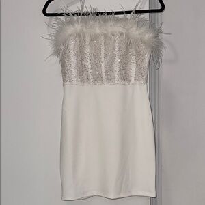 Windsor White Sequin Feather Trim Dress